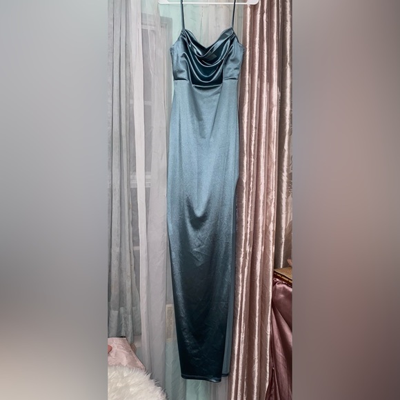 CELESTIAL BLUE SATIN HIGH SLIT PROM/FORMAL DRESS - Picture 2 of 4